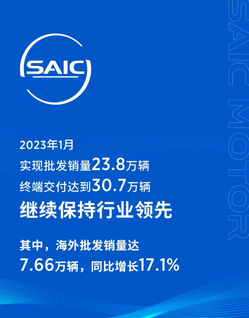 上汽集团1月新能源汽车销量32221辆，今年目标150万辆